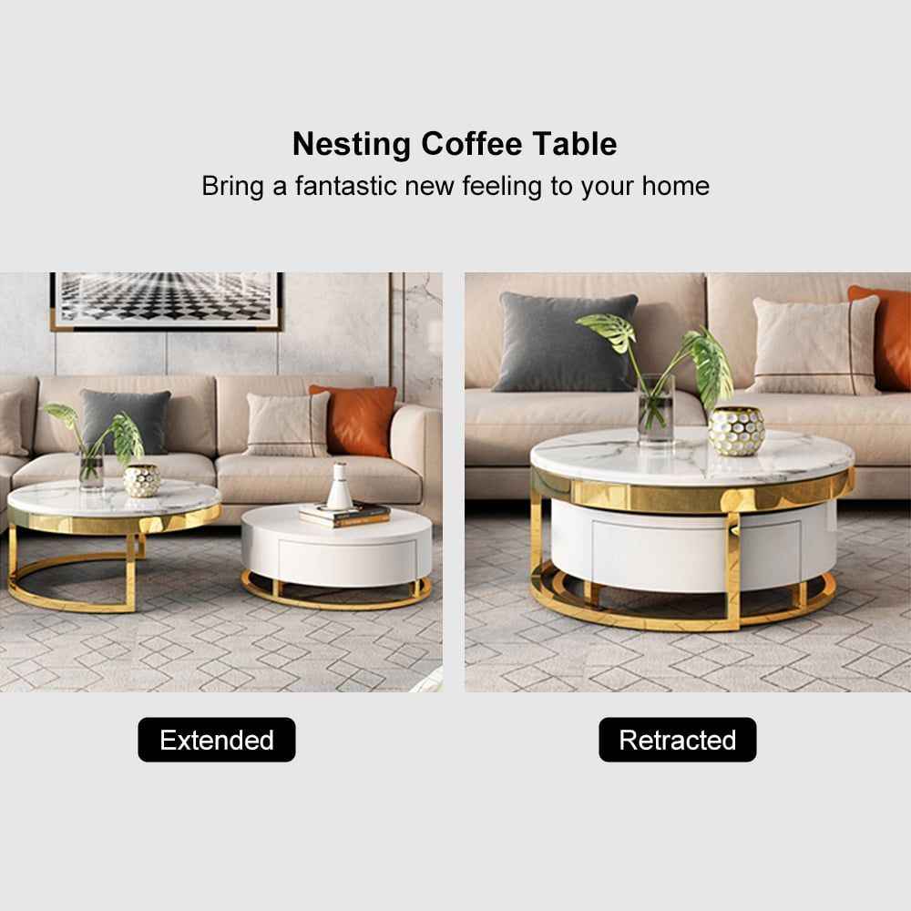 Nesnesis Modern Round Sinter Stone Nesting Wood Coffee Table