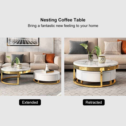 Nesnesis Modern Round Sinter Stone Nesting Wood Coffee Table