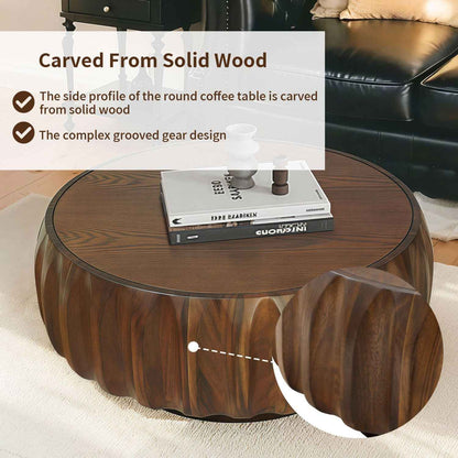 Round Solid Wood Carved Coffee Table with Elegant Sculptural