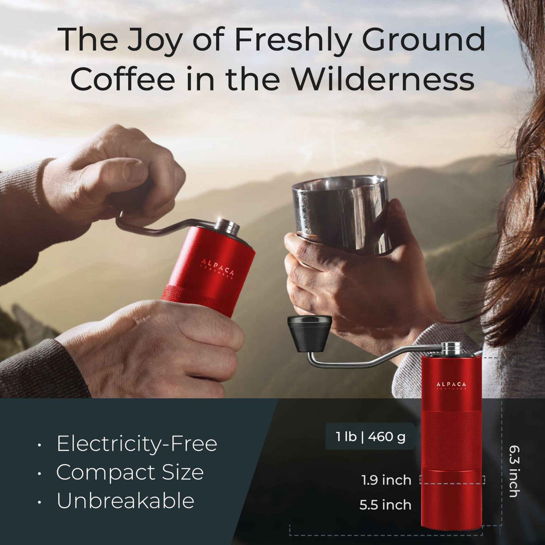 Manual Coffee Grinder Red Metallic Color Stainless Steel Conical Burr Coffee Grinder Manual with Adjustable Setting Double Bearing Hand Espresso Grinder Perfect for Home Office and Camping