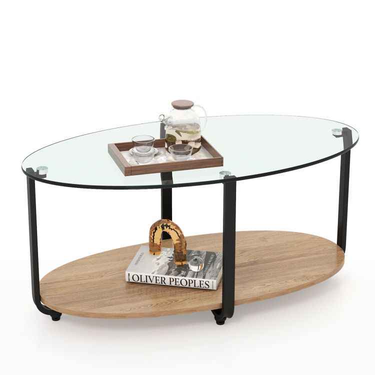 2-Tier Glass-Top Oval Coffee Table with Wooden Shelf