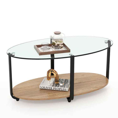 2-Tier Glass-Top Oval Coffee Table with Wooden Shelf