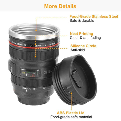 Camera Lens Coffee Mug Cup 13.6oz Food-Grade Stainless Steel Travel Photography Insulated Mug for All Ages