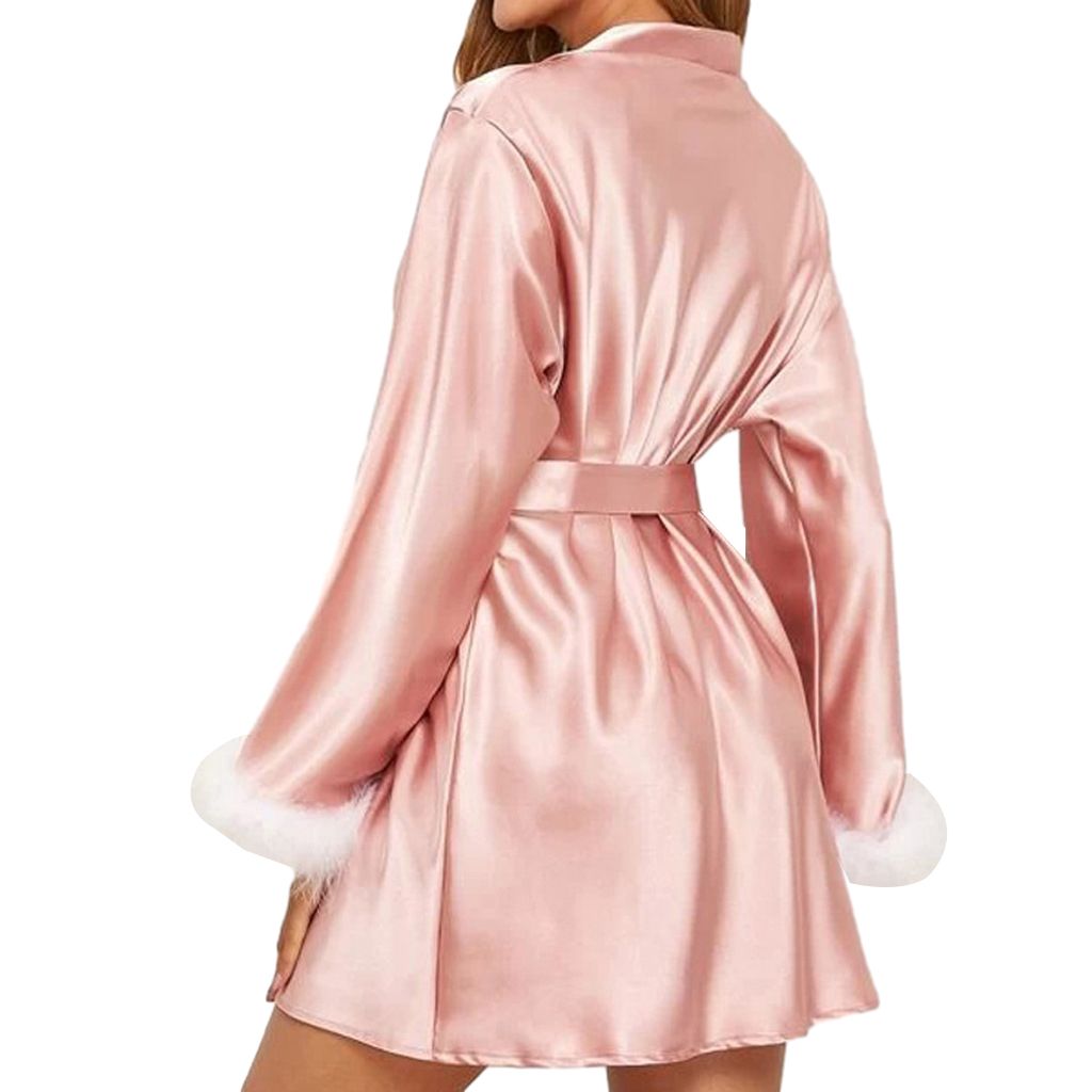 Womens Silky Kimono Robes with Fluff Bridesmaid Bride Satin 