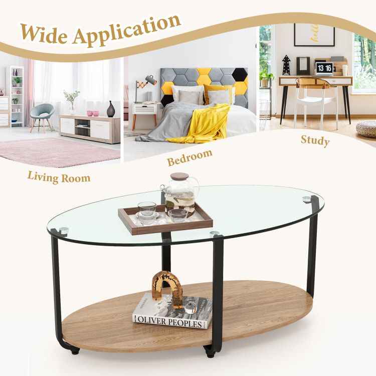 2-Tier Glass-Top Oval Coffee Table with Wooden Shelf