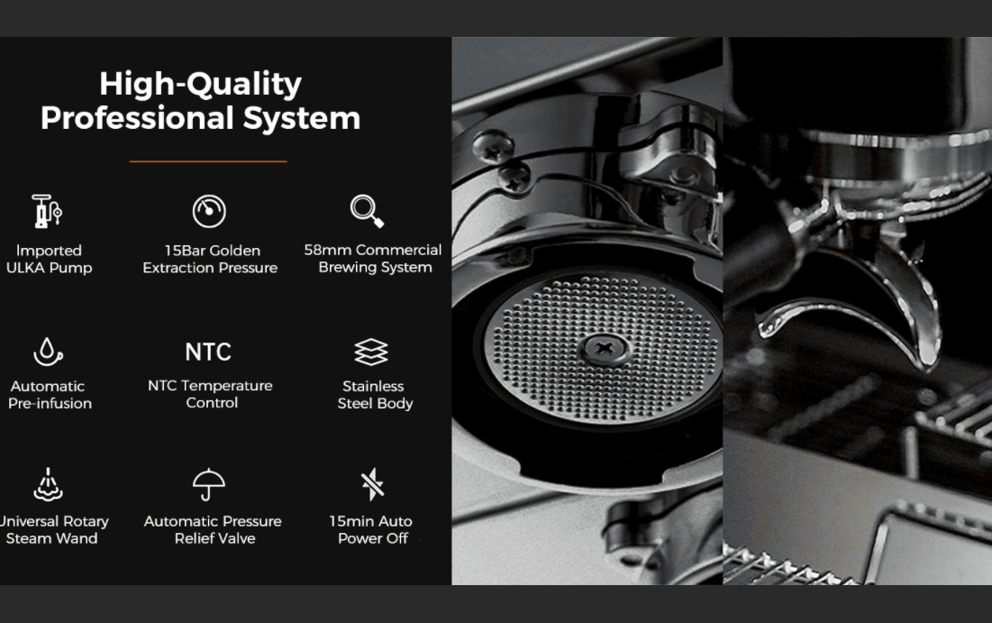 PSG3005H Semi-Automatic Coffee Machine 1500W Coffee Machine 15Bar Espresso Coffee ULKA High-Pressure Pump Extracts 1/2 Cup of Espresso Coffee Machine 1.7L Water Tank Steam Milk Foamer/Steam Stick Ele