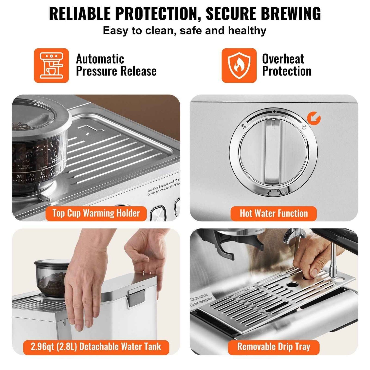 VEVOR Espresso Machine with Grinder, 15 Bar Semi-Automatic Espresso Coffee Maker with Milk Frother Steam Wand, Removable Water Tank &amp; Pressure Gauge for Cappuccino, Latte, Machiato, PID Control System