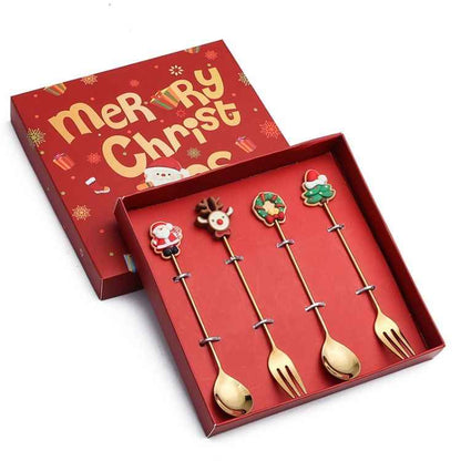 Pack Christmas Spoon Cartoon Fruit Fork Dessert Coffee Scoop