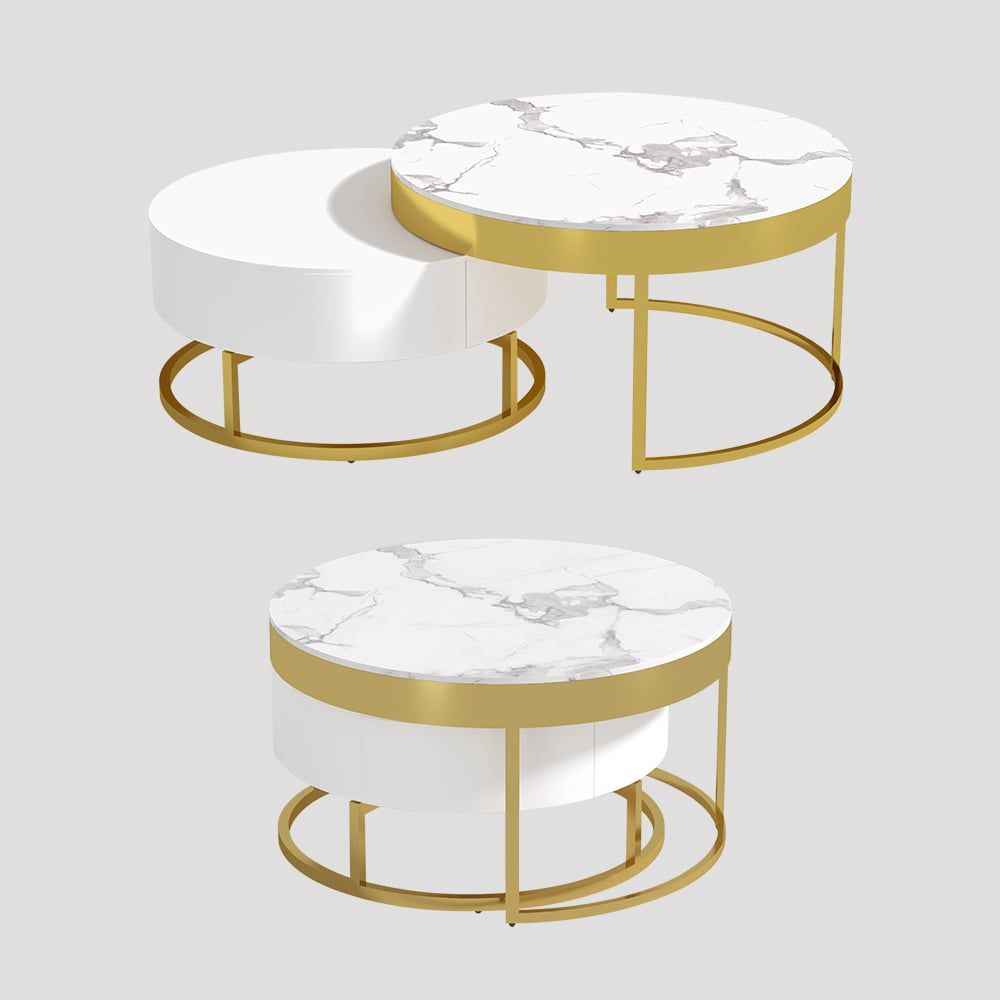 Nesnesis Modern Round Sinter Stone Nesting Wood Coffee Table