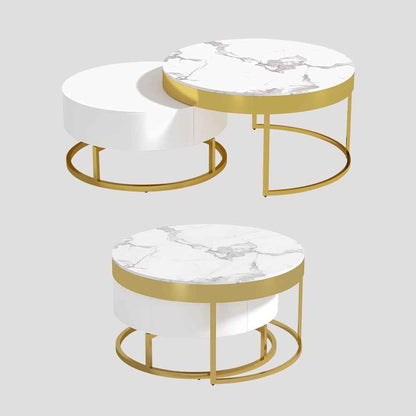 Nesnesis Modern Round Sinter Stone Nesting Wood Coffee Table