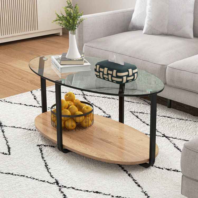 2-Tier Glass-Top Oval Coffee Table with Wooden Shelf