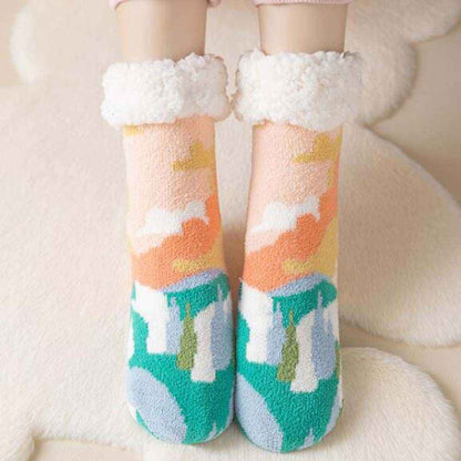  Pink Green Winter Thick Plush Socks Women Warm Indoor Floor