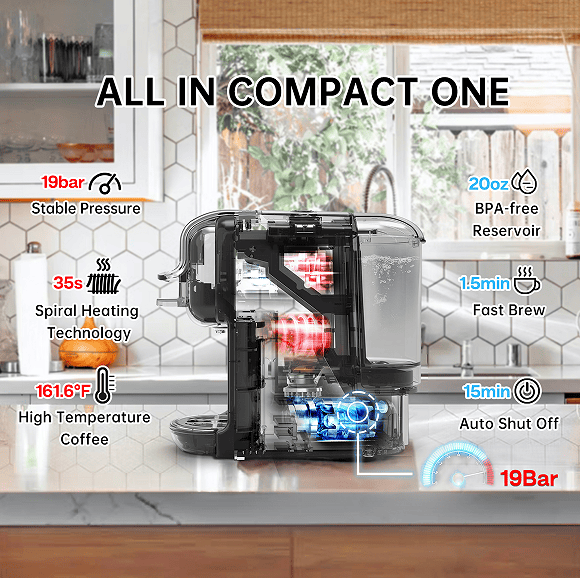 PSH2B-BK (ST514K) 5-in-1 automatic espresso machine with water level line, capsule coffee machine 19Bar hot and cold extract French Mocha Italian 600L water tank espresso, Touch Sense 1450W Kcup cap