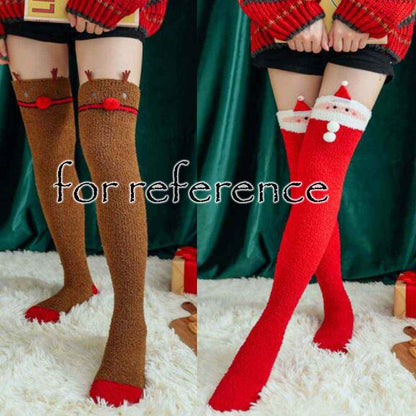 Cute Christmas Coral Velvet Knee High Stockings Elk Santa 