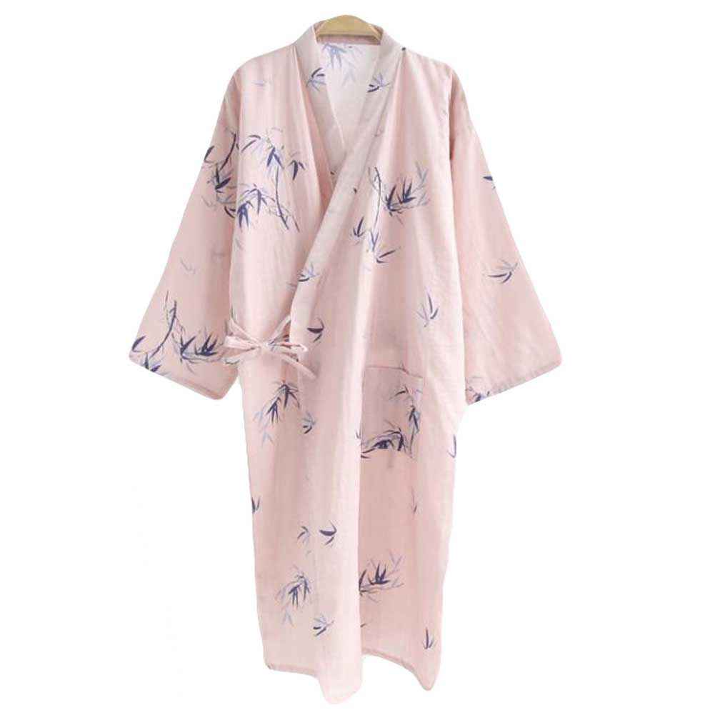 Pink Bamboo Kimono Pajamas Robe Women Long Cotton 