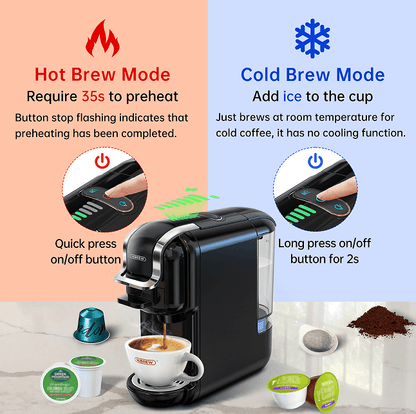 PSH2B-BK (ST514K) 5-in-1 automatic espresso machine with water level line, capsule coffee machine 19Bar hot and cold extract French Mocha Italian 600L water tank espresso, Touch Sense 1450W Kcup cap
