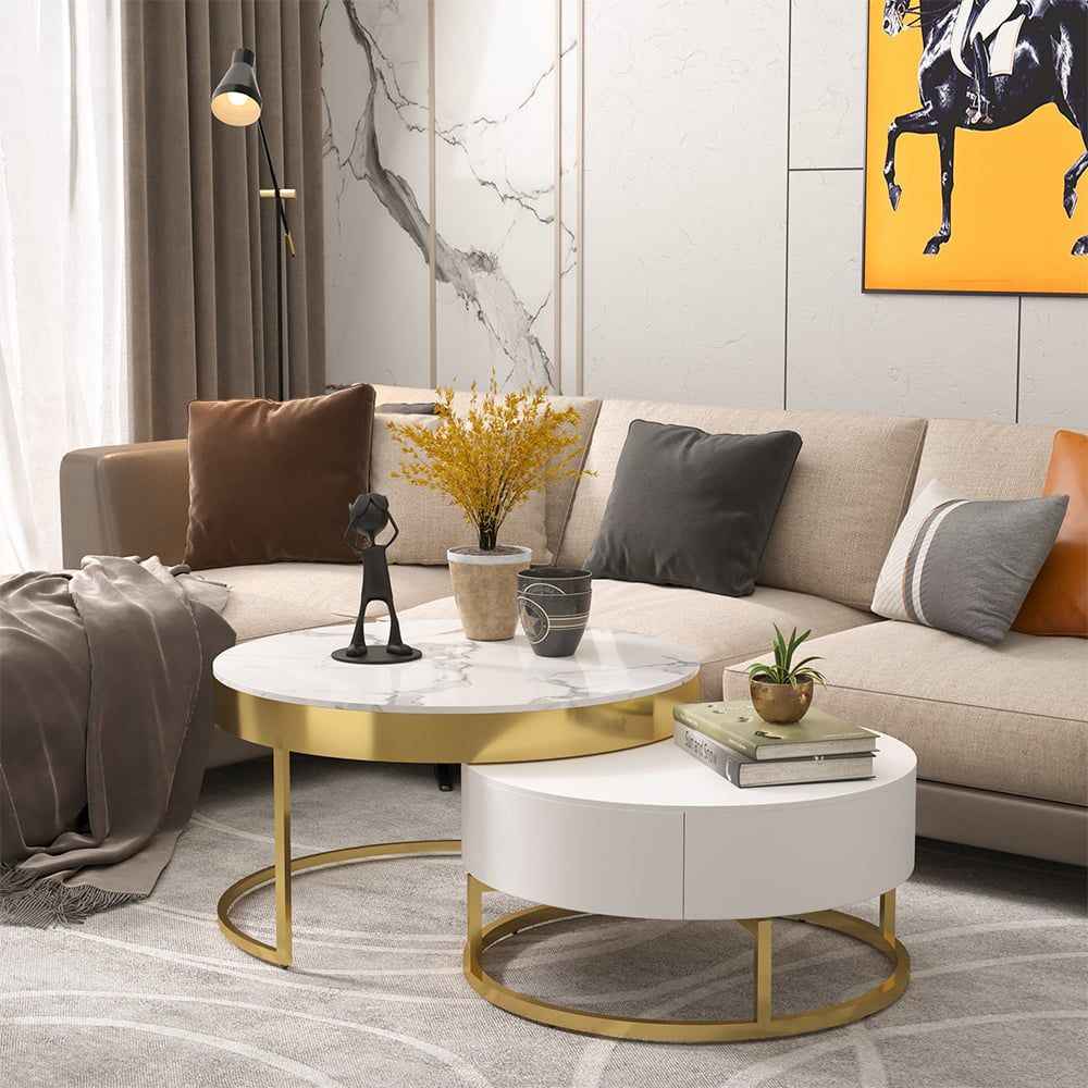 Nesnesis Modern Round Sinter Stone Nesting Wood Coffee Table