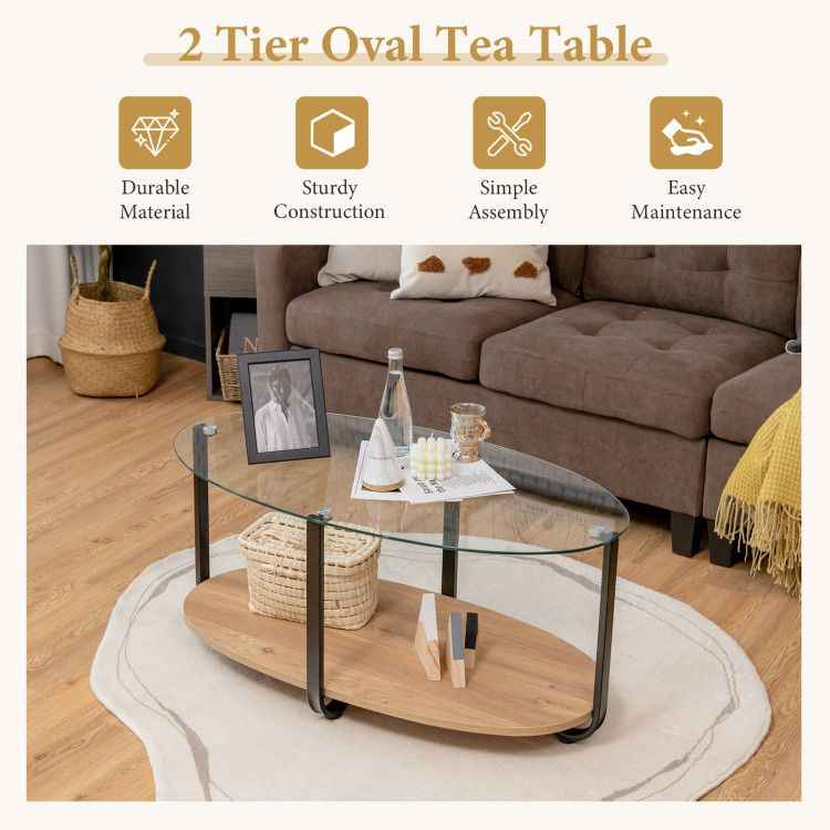 2-Tier Glass-Top Oval Coffee Table with Wooden Shelf