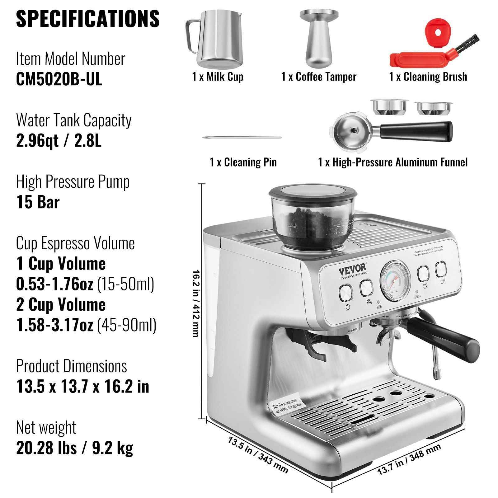 VEVOR Espresso Machine with Grinder, 15 Bar Semi-Automatic Espresso Coffee Maker with Milk Frother Steam Wand, Removable Water Tank &amp; Pressure Gauge for Cappuccino, Latte, Machiato, PID Control System