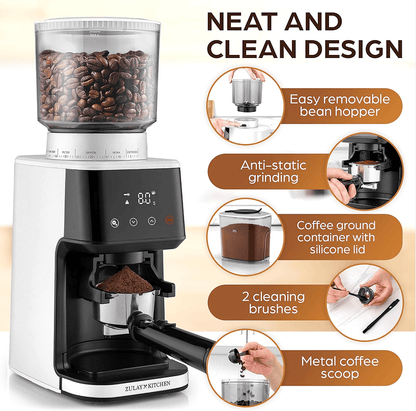 PSCG018 Professional tapered burr coffee grinder 51 gear adjustment powder mesh IMD Touch control Taper unburr electric coffee grinding bean bin 350g powder bin 150g LED