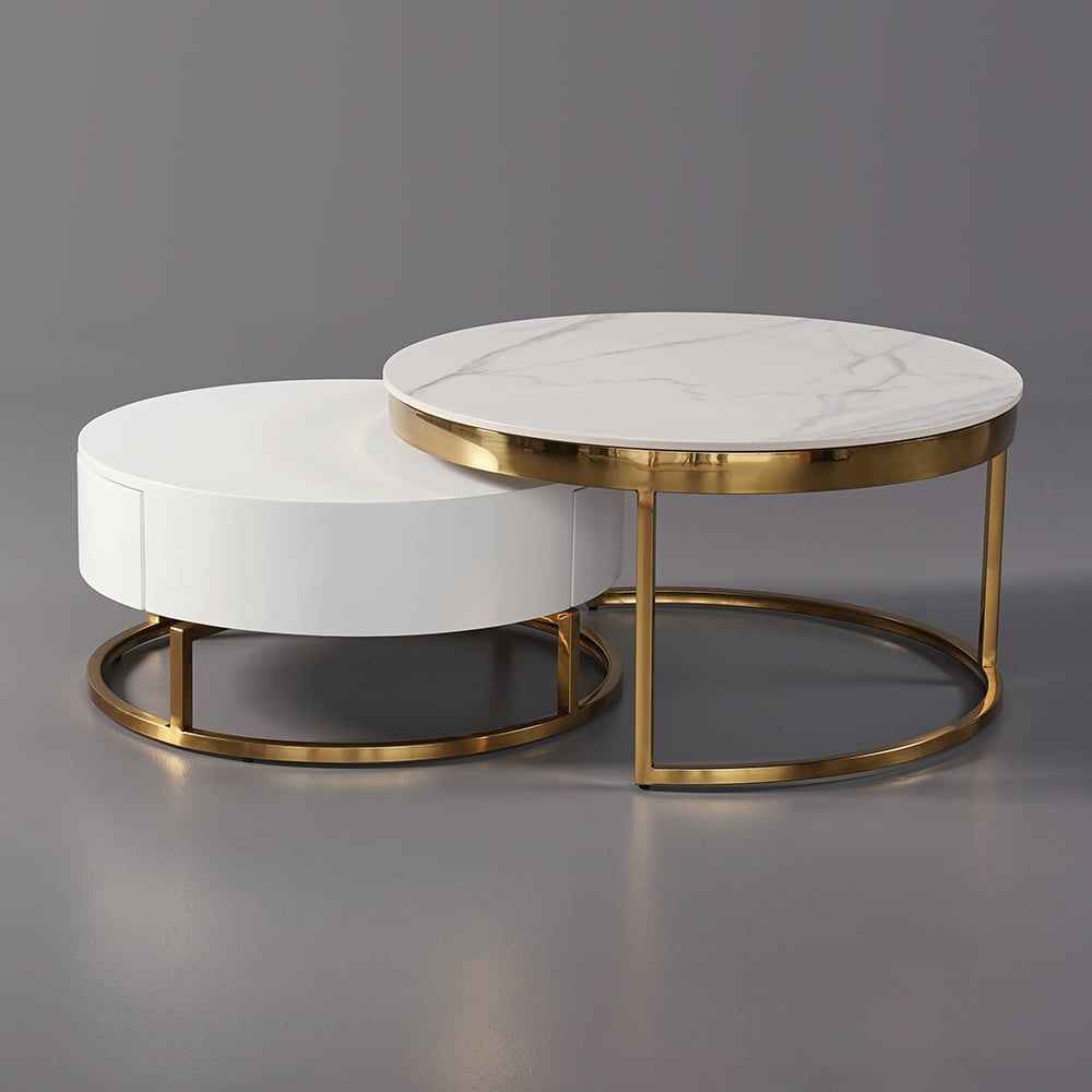 Nesnesis Modern Round Sinter Stone Nesting Wood Coffee Table