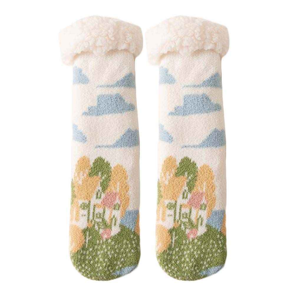Green White Winter Thick Plush Socks Women Warm Indoor