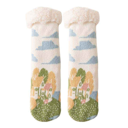  Green White Winter Thick Plush Socks Women Warm Indoor