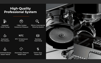 PSG3006W  American-style espresso machine, semi-automatic coffee maker with 1450W power output and 15Bar espresso extraction capacity. Features ULKA high-pressure pump, 1.7L water tank, steam milk fro