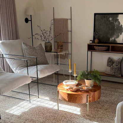 Rustic Round Coffee Table with Solid Wood Tabletop Metal Leg