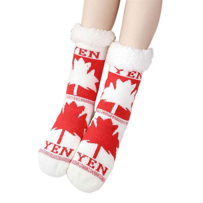 Womens Maple Leaf Thick Warm Fuzzy Cozy Slipper Socks