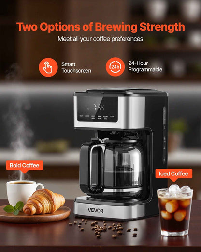 VEVOR Programmable Coffee Maker, 12 Cup Programmable Drip Coffee Makers with Touch Screen, 4-Hour Keep Warm Coffee Makers Drips, 2 Brew Strengths Drip Coffee Machine for Home, 24-Hour Programmable