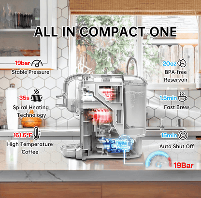 PSH2B-BK (ST514K) 5-in-1 automatic espresso machine with water level line, capsule coffee machine 19Bar hot and cold extract French Mocha Italian 600L water tank espresso, Touch Sense 1450W Kcup cap