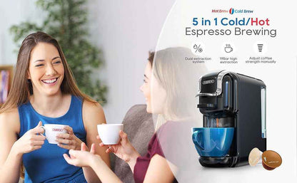 PSH2B-BK (ST514K) 5-in-1 automatic espresso machine with water level line, capsule coffee machine 19Bar hot and cold extract French Mocha Italian 600L water tank espresso, Touch Sense 1450W Kcup cap