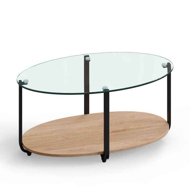 2-Tier Glass-Top Oval Coffee Table with Wooden Shelf