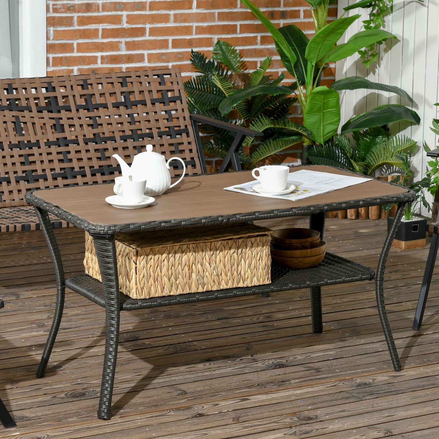 Outsunny Patio Rattan Coffee Table with Storage Shelf Wicker