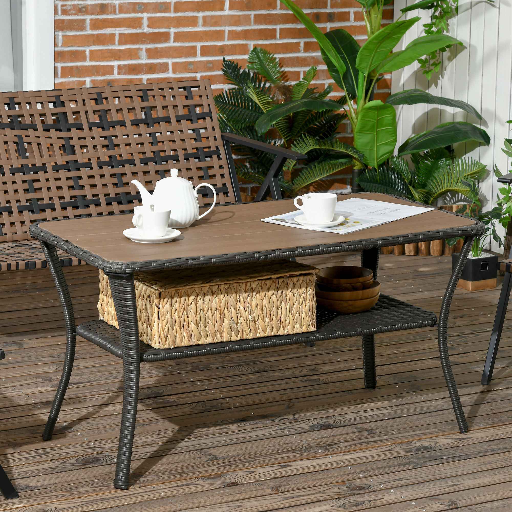 Outsunny Patio Rattan Coffee Table with Storage Shelf Wicker