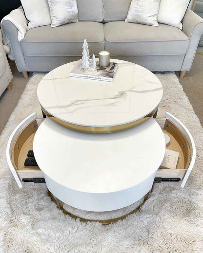 Nesnesis Modern Round Sinter Stone Nesting Wood Coffee Table