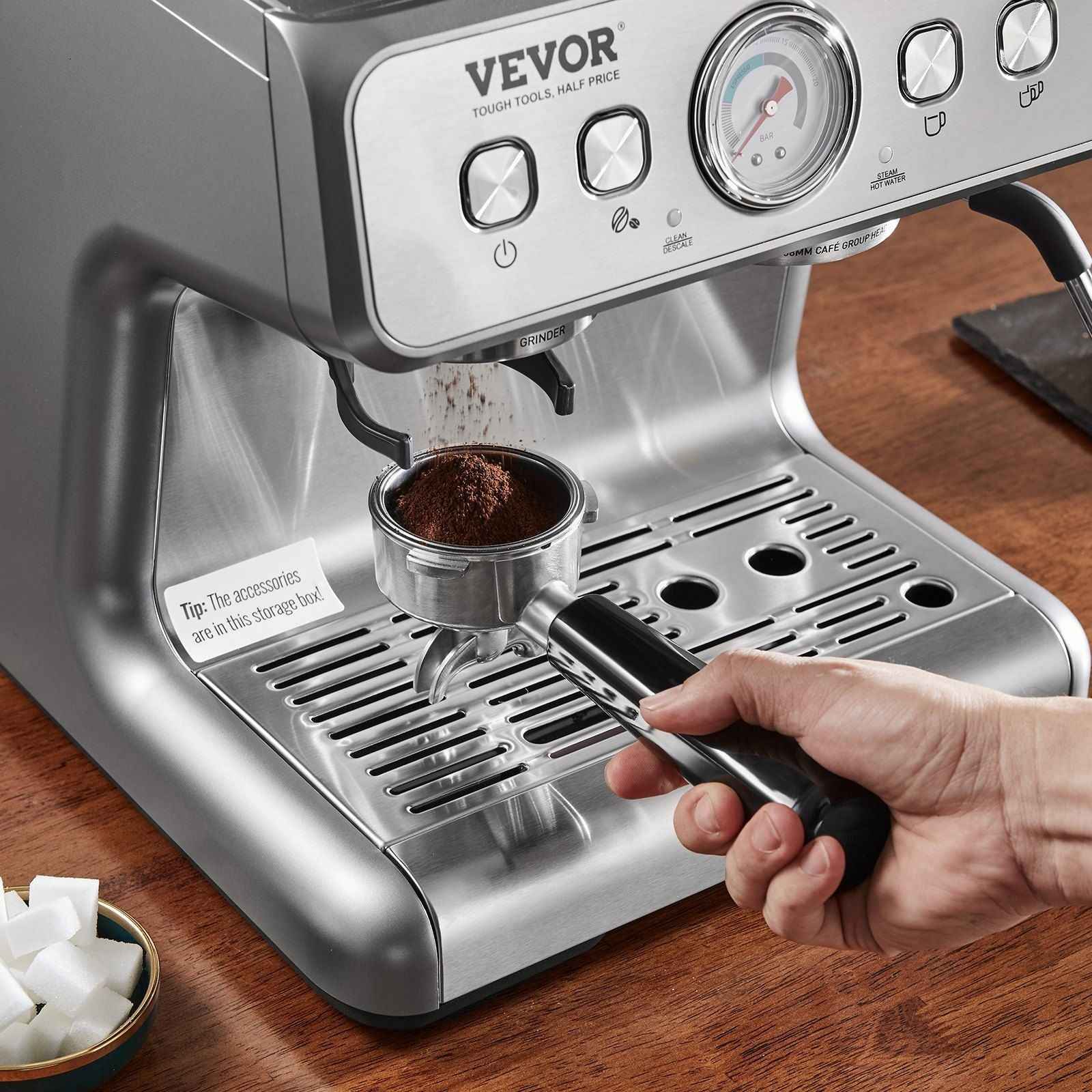 VEVOR Espresso Machine with Grinder, 15 Bar Semi-Automatic Espresso Coffee Maker with Milk Frother Steam Wand, Removable Water Tank &amp; Pressure Gauge for Cappuccino, Latte, Machiato, PID Control System