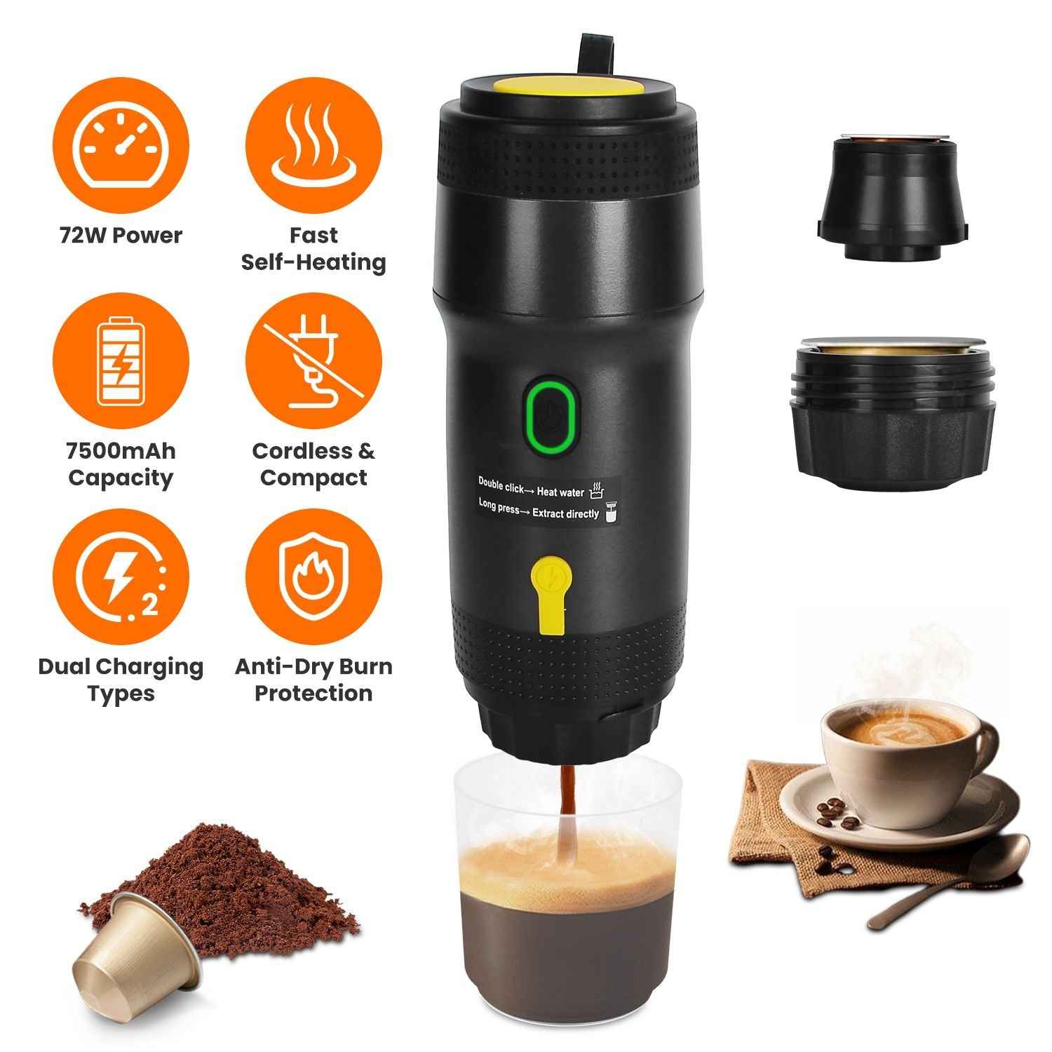1Pc Portable Electric Espresso Machine Cordless Coffee Maker Self-Heating Car Espresso Maker with Anti-Dry Burn Fit for Ground Coffee/NS/DG Capsules for Car Camping Hiking RV Home Office