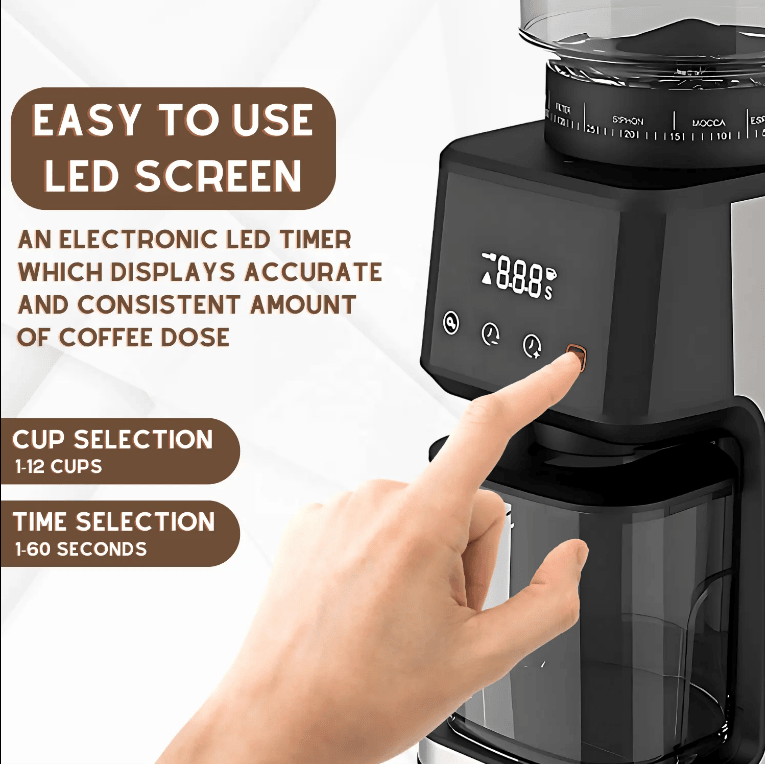 PSCG018 Professional tapered burr coffee grinder 51 gear adjustment powder mesh IMD Touch control Taper unburr electric coffee grinding bean bin 350g powder bin 150g LED