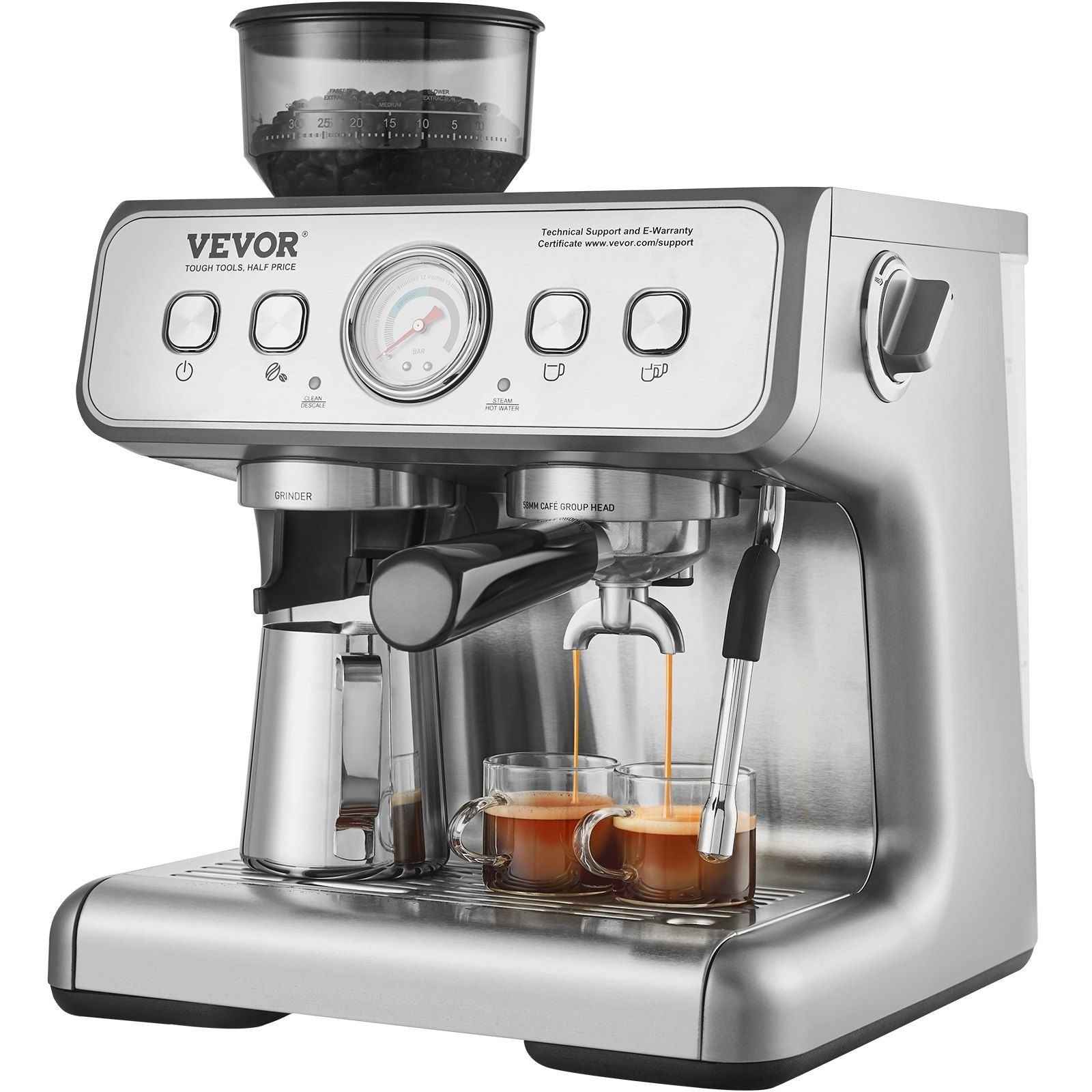 VEVOR Espresso Machine with Grinder, 15 Bar Semi-Automatic Espresso Coffee Maker with Milk Frother Steam Wand, Removable Water Tank &amp; Pressure Gauge for Cappuccino, Latte, Machiato, PID Control System