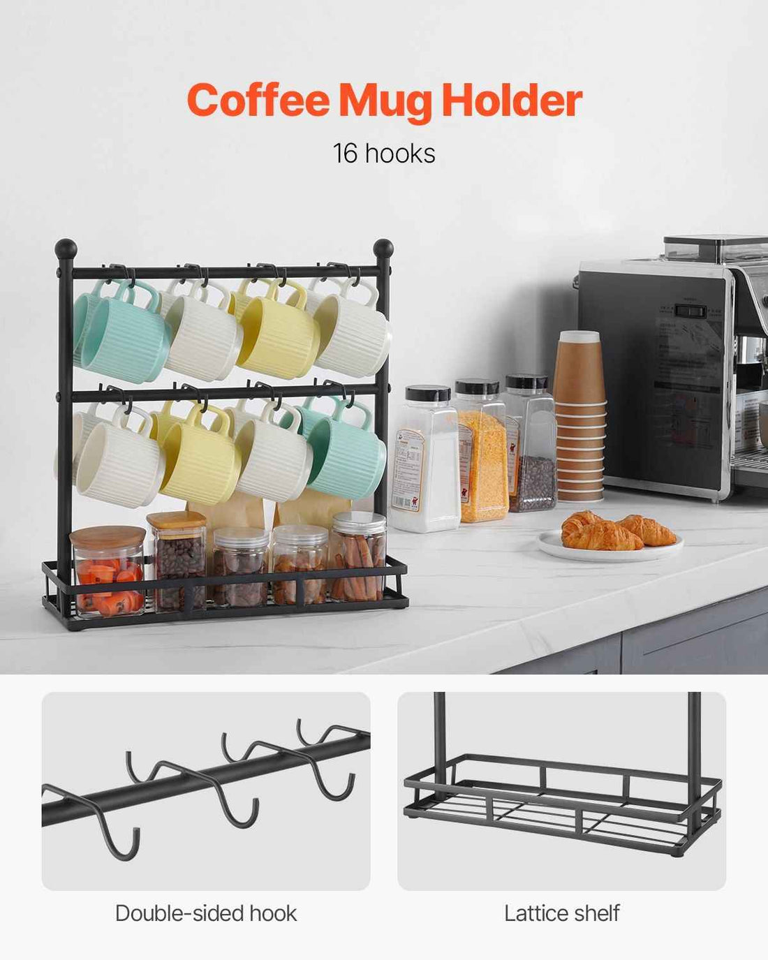 Coffee Mug Holder for Countertop 16 Hooks Cup Rack with Storage Base Organizer