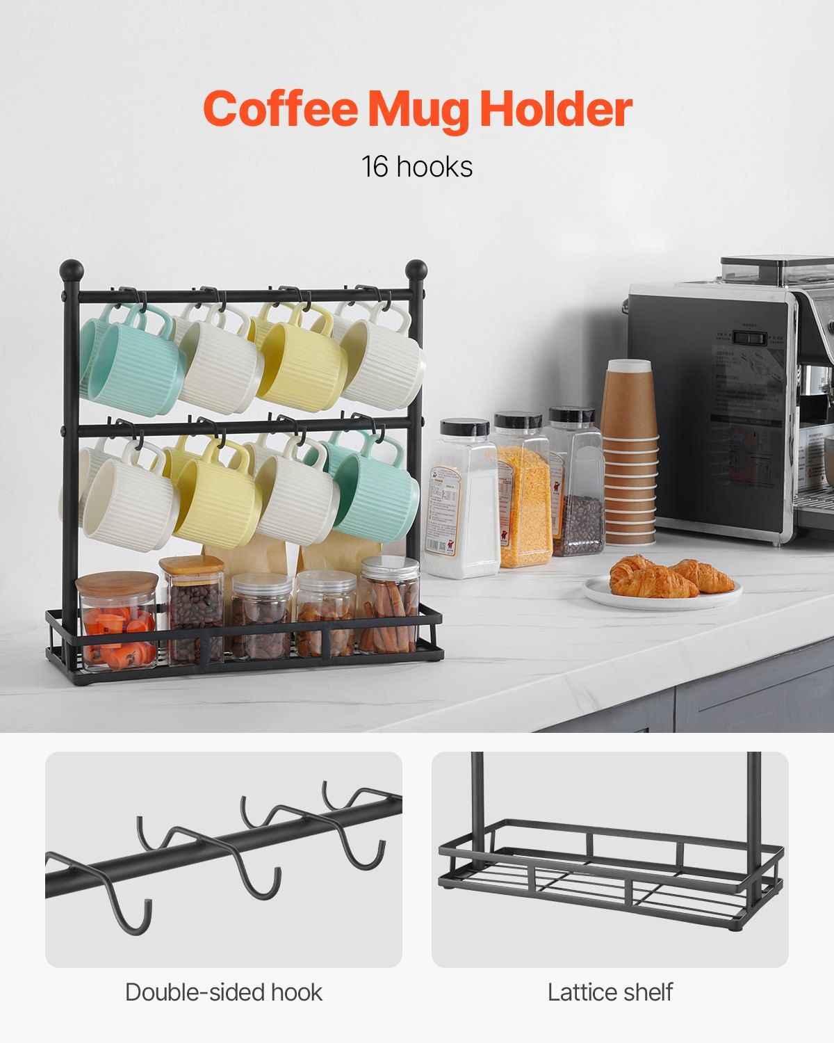 Coffee Mug Holder for Countertop 16 Hooks Cup Rack with Storage Base Organizer