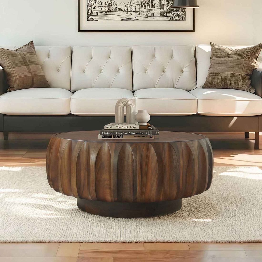 Round Solid Wood Carved Coffee Table with Elegant Sculptural