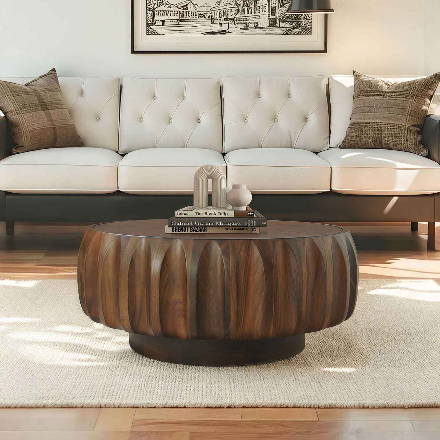 Round Solid Wood Carved Coffee Table with Elegant Sculptural
