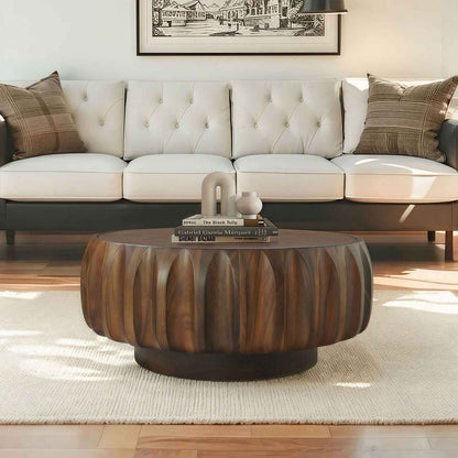 Round Solid Wood Carved Coffee Table with Elegant Sculptural