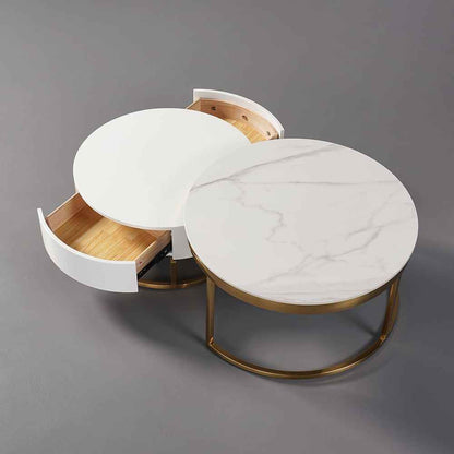 Nesnesis Modern Round Sinter Stone Nesting Wood Coffee Table