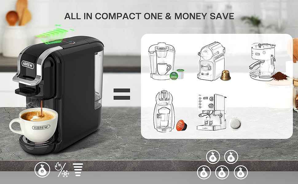 PSH2B-BK (ST514K) 5-in-1 automatic espresso machine with water level line, capsule coffee machine 19Bar hot and cold extract French Mocha Italian 600L water tank espresso, Touch Sense 1450W Kcup cap