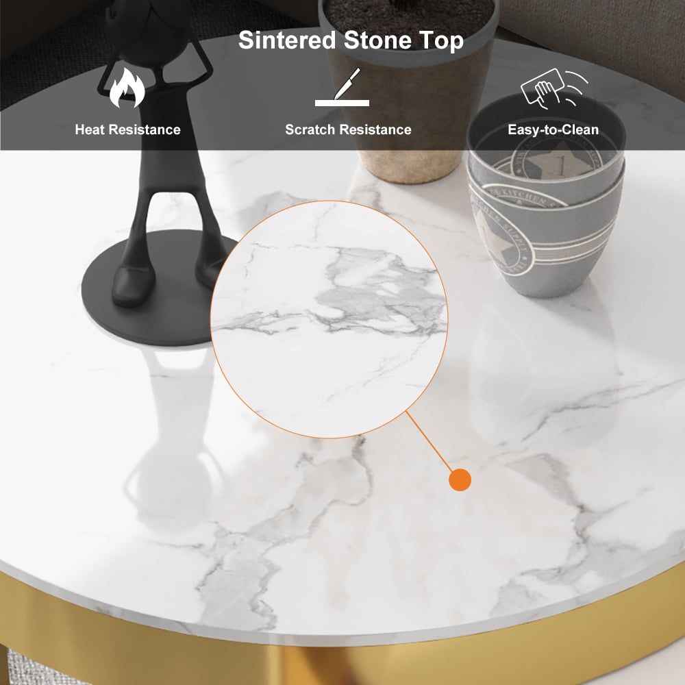 Nesnesis Modern Round Sinter Stone Nesting Wood Coffee Table