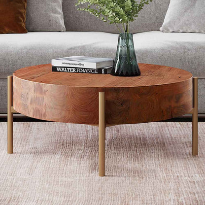 Rustic Round Coffee Table with Solid Wood Tabletop Metal Legs